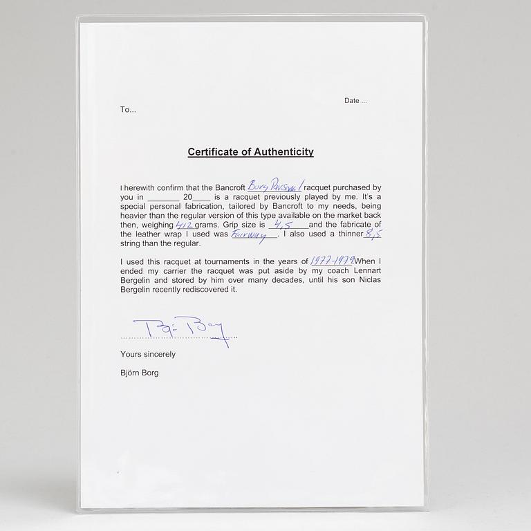 BJÖRN BORG, tennisracket, Bancroft Borg Personal, 1977-1979.