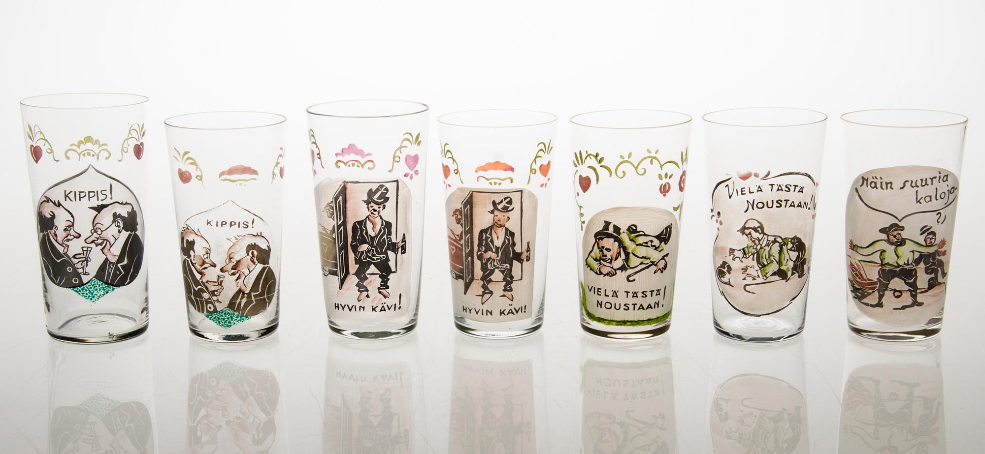 Seven 1930s drinking glasses.