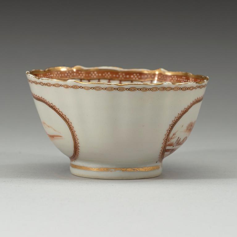 A red and gold "European subject" cup with saucer, Qing dynasty, Qianlong (1736-95).