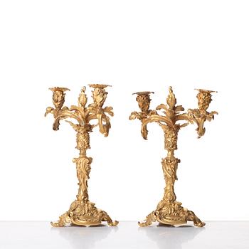 A pair of Neo-Rococo 1840's two-light gilt bronze candelabra.