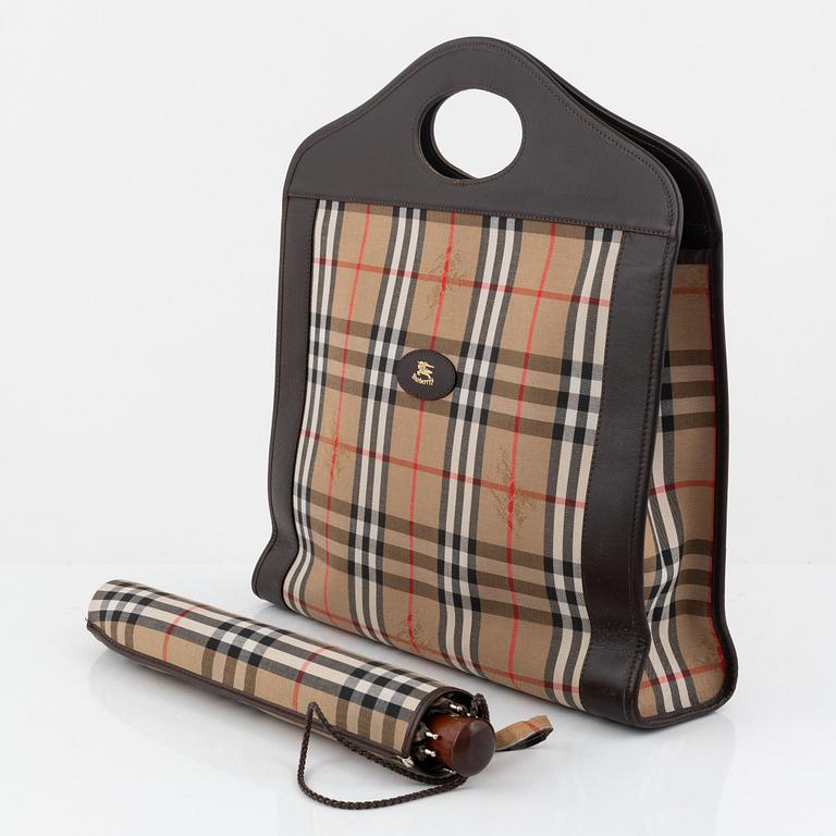 Burberry, a Nova Check tote bag and umbrella.