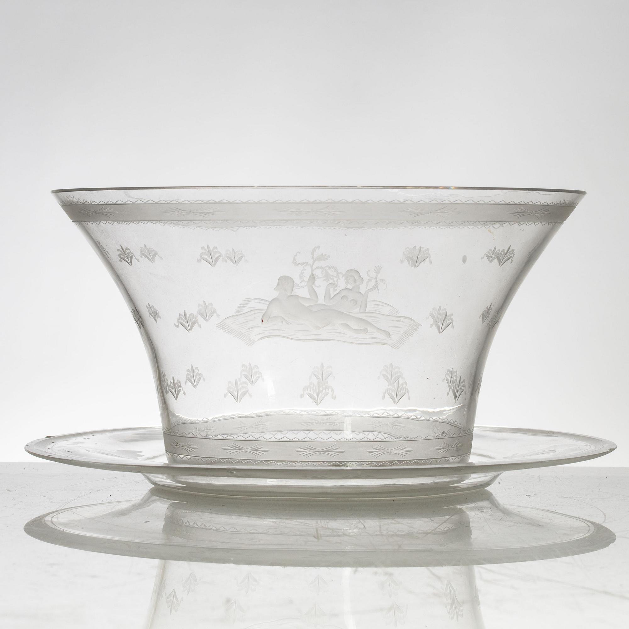 Edward Hald, skål med fat, glas, modell 149, Orrefors 1928.