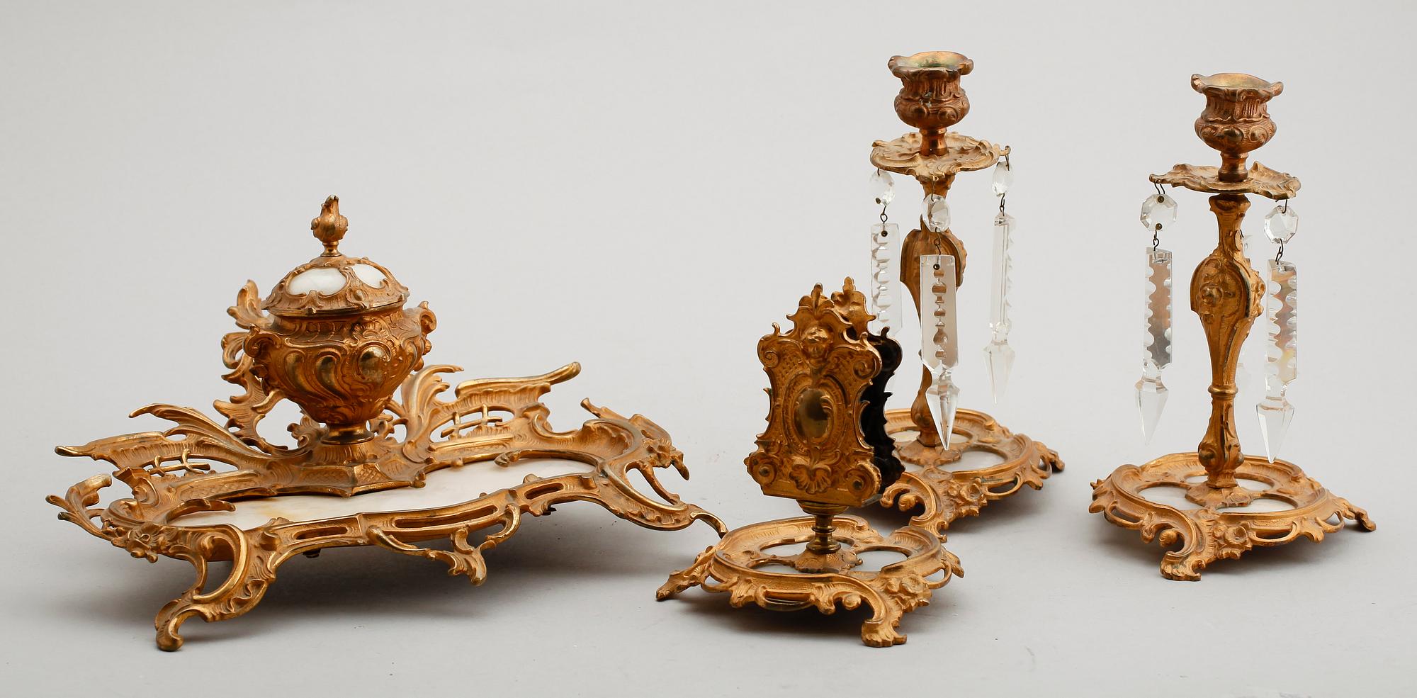 SKRIVSTÄLL, 4 delar, mässing samt alabaster, rokokostil, sent 1800-tal.