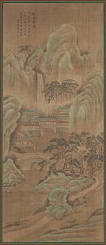 RULLMÅLNINGAR med KALLIGRAFI, två stycken, sen Qing dynastin (1644-1912). Berg- och flodlandskap med vandrare.