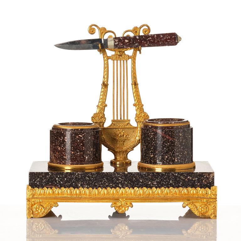 A Swedish porphyry and bronz ink stand, 19th century.