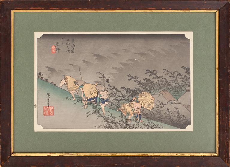 TRÄSNITT, 2 st, Kuniyoshi samt Hiroshige, efter. Trol senare tryck.