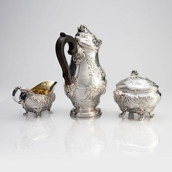 A three piece Rococo style silver coffee-set, W.A. Bolin, Stockholm 1946.