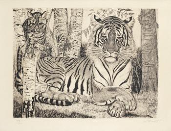 157. Eduard Wiiralt, Reclining tiger and cat.