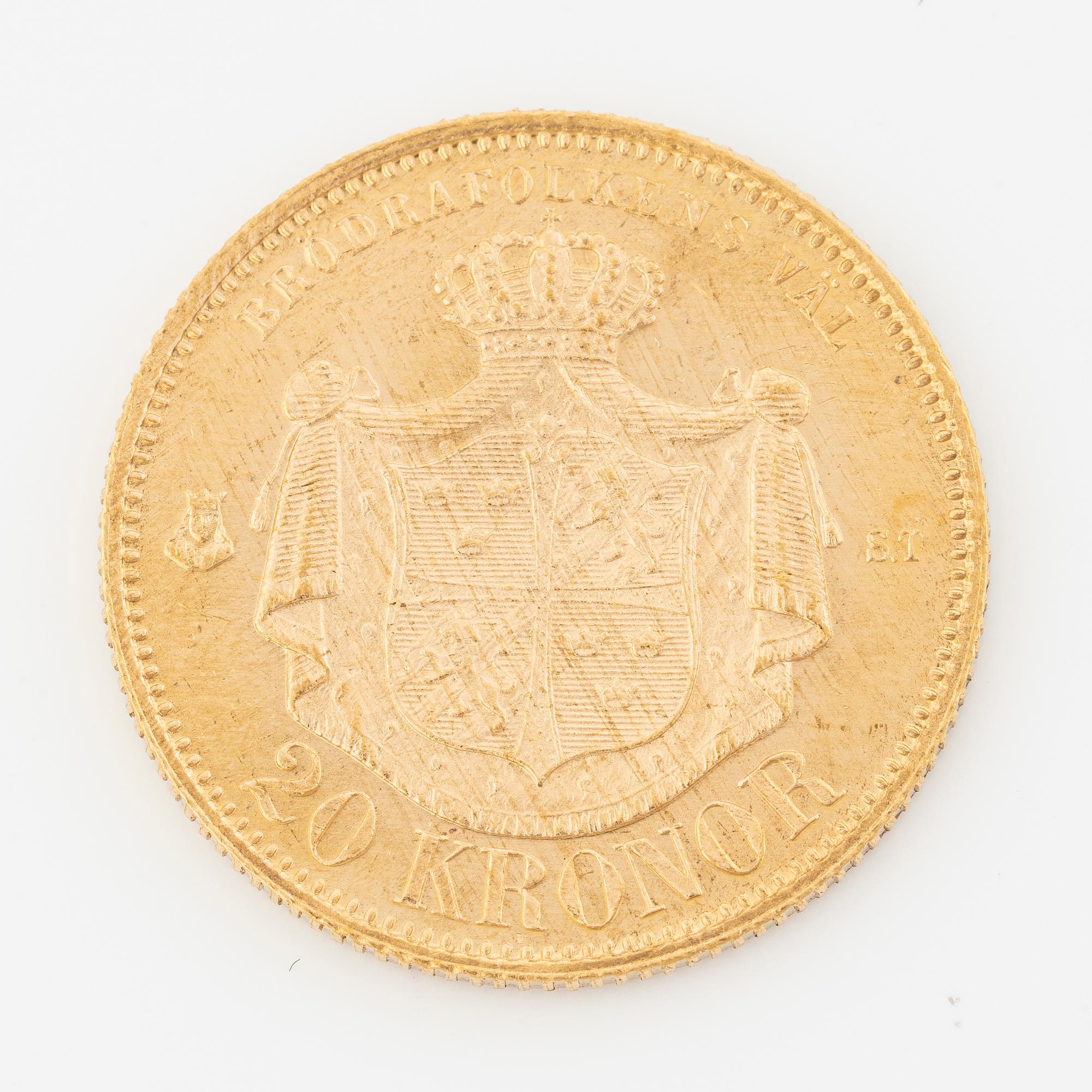 Gold coin, Oscar II, 20 kronor, type I, Sweden 1873.