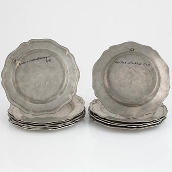 Pewter plates, 12 pcs, similar, pewter, 1762-1792.