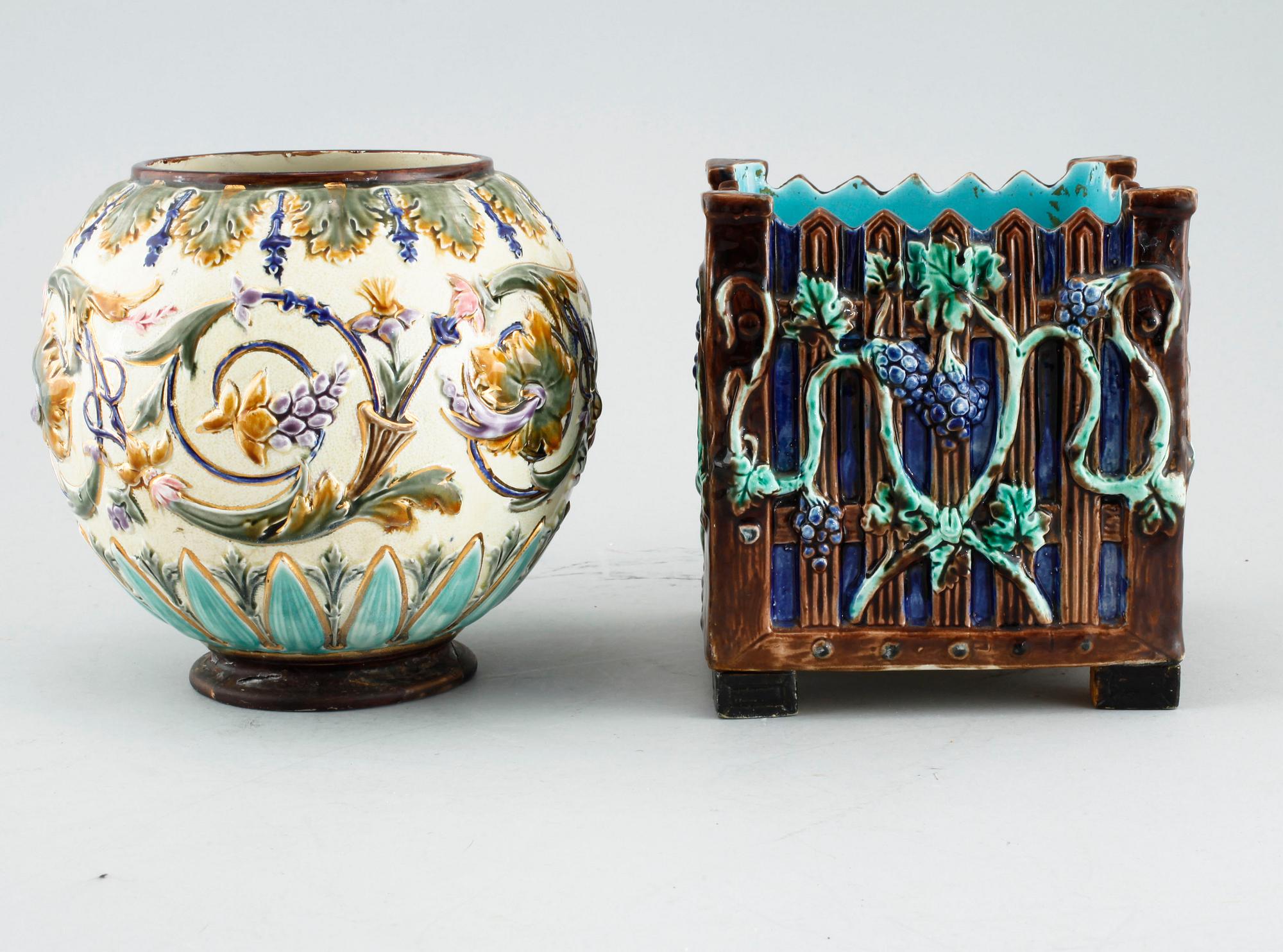 Four majolica pots, three marked Rörstrand, around year 1900.