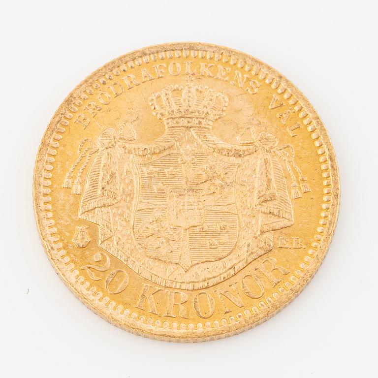 Gold coin, Oscar II, 20 kronor, type III, Sweden 1879.