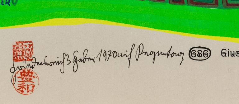 FRIEDENSREICH HUNDERTWASSER, färglitografi med metallpräglning, signerad och numrerad 1429/10000, daterad 1970.
