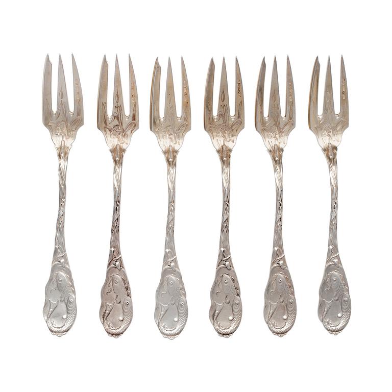 FISH FORKS, 6 pcs. 84 silver. Gratchev St. Petersburg 1896-1908. Length 18,5 cm. Weight 359 g.