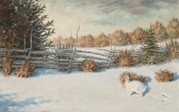 922. Bruno Liljefors, Winter landscape with hare by a fence.