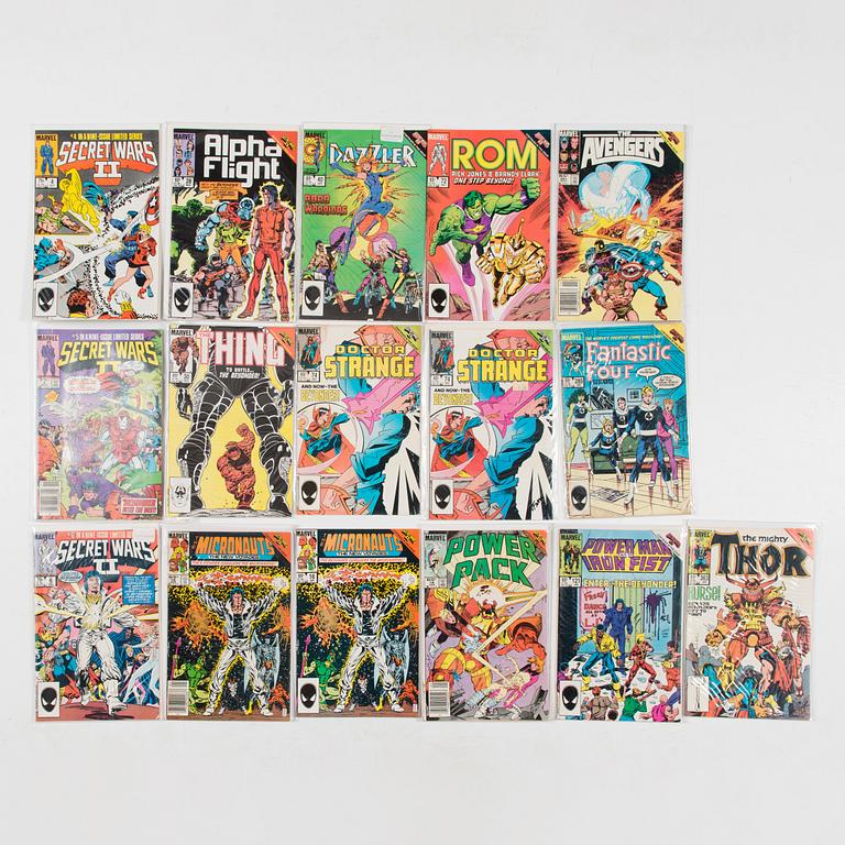Serietidningar, 45 st, kompletta serier, Secret Wars I, II, III, Marvel, USA, 1984-88.