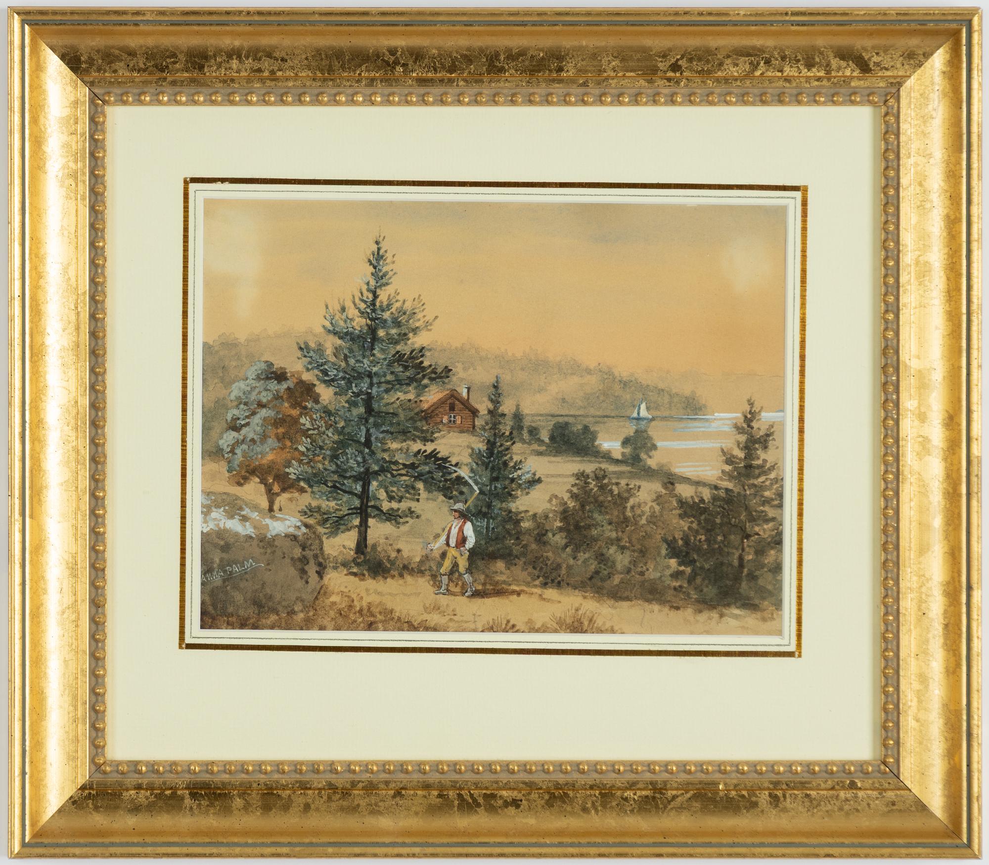 Anna Palm de Rosa, Lake landscape with a man with a scythe.