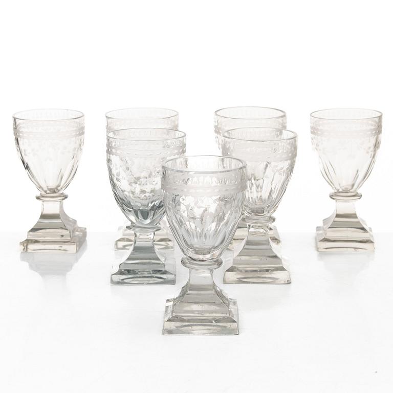 A set of seven Gustavian wine glasses, Sweden, late 18th century.