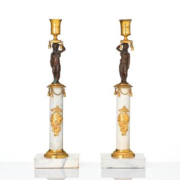 A pair of late Gustavian two-branch candelabra in the manner of F. L. Rung, Stockholm, circa 1800.