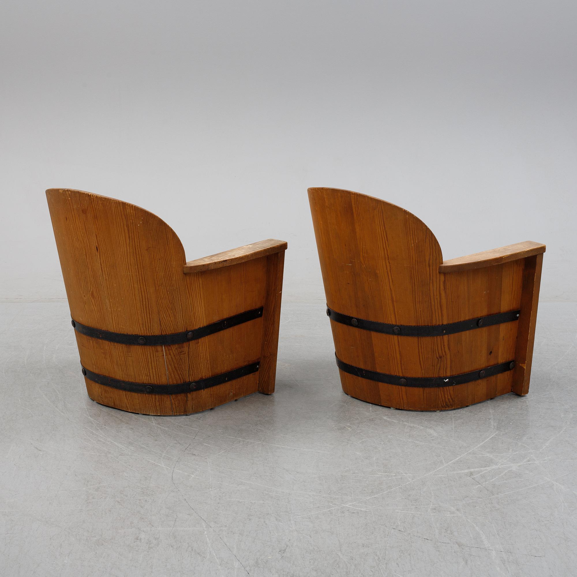 A pair of pine easy chairs, Åby Möbelfabrik, 1930's/40's.