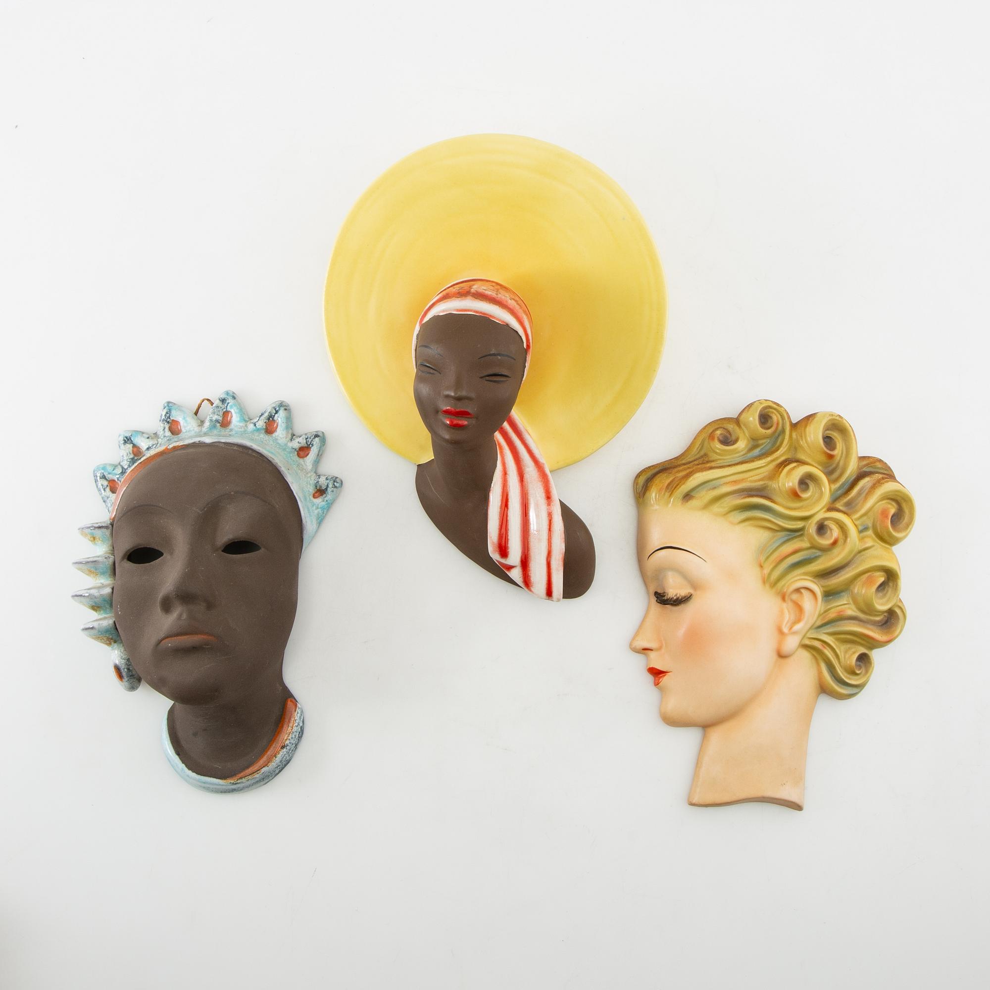 Wall masks 3 pcs including Keramo and Wallendorf Germany/Austria mid-20th century porcelain.