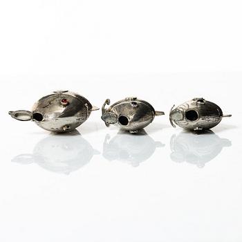 A set of three silver table decorations/boxes, 19th Century.