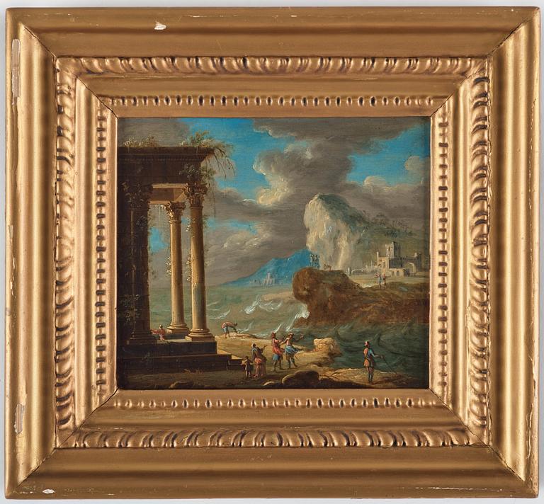 Capriccio med figurer vid tempel.