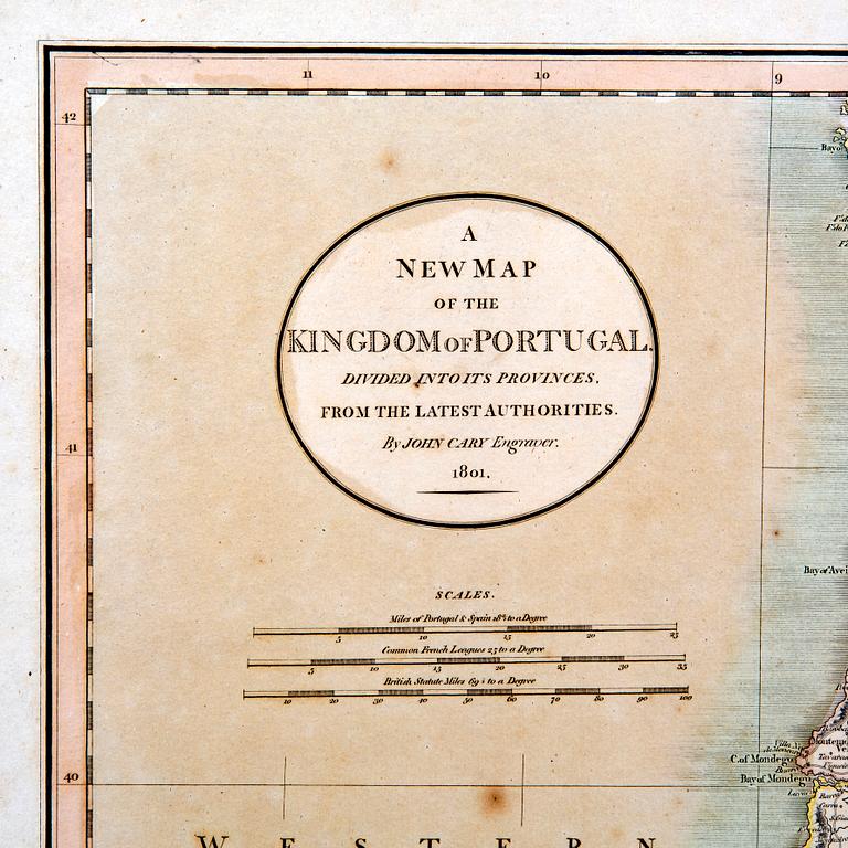 John Cary, map of Portugal, hand colored copper engraving, London 1801.