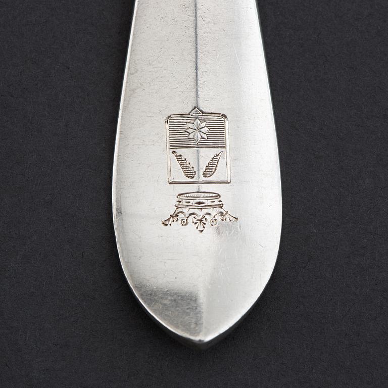 Four silver forks with von Eckermann crest, mark of Gustaf Möllenborg, Stockholm 1912.