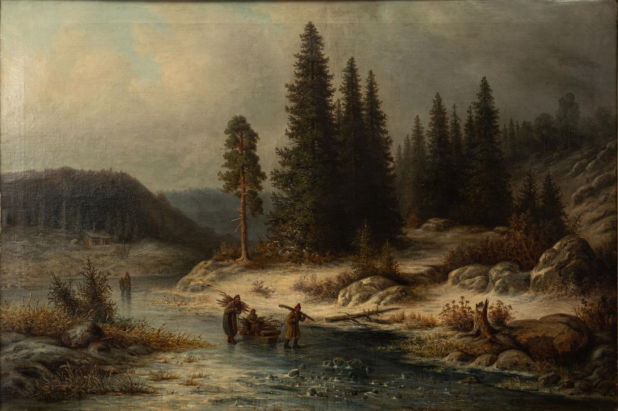 Lars Gustaf Kinmansson, Winter Landscape with Wood-Gathering Family.