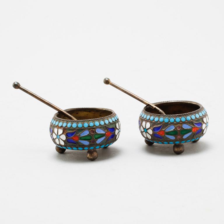 A pair of salt cellars with spoons, silver and enamel, Russia, around turn of the century 1900. Weight 42 g.
