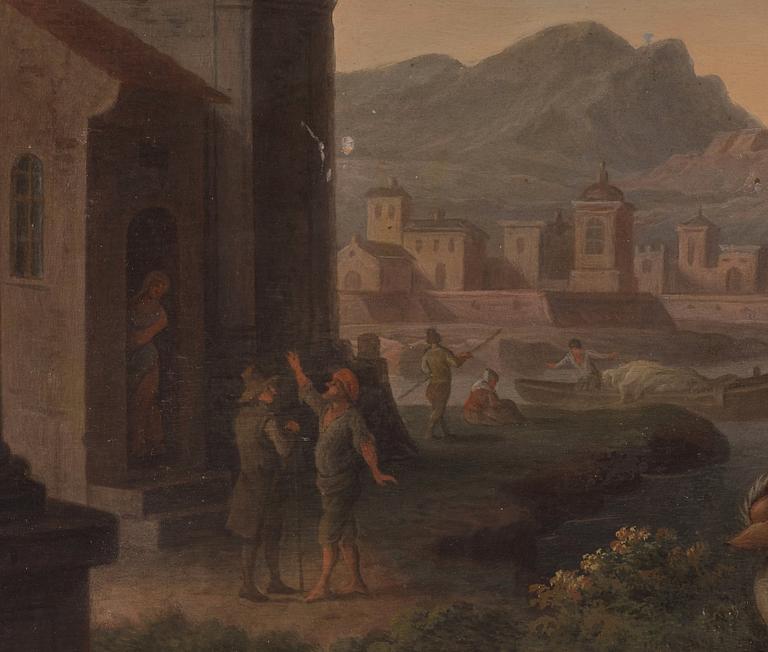 Dutch master, 18Th Century, Landscape with figures and buildings.