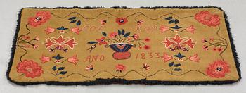 Åkdyna, broderad, ca 51-52 x 104,5-107 cm, signerad och daterad COS BMD ANO 1833, Skåne.