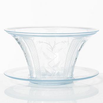 Edward Hald, skål på fat, glas, Orrefors 1930.