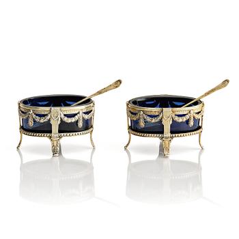 298. A pair of Swedish 18th century silver and blue glass salt cellars, mark of Pehr Zethelius, Stockholm 1775.