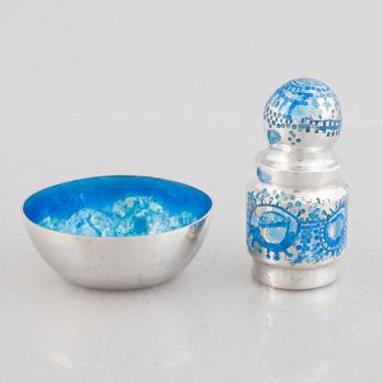 A small silver and blue enamel bowl and a box with lid, mark of Lars Arby, Gothenburg, Sweden, 1965 and 1968.