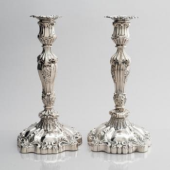 A pair of silver candlesticks, marks Gustaf Möllenborg, Stockholm 1845.