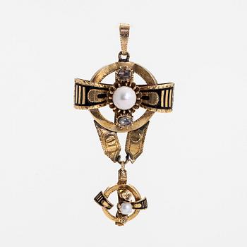 A 14K gold pendant, cultured pearls, enamel, and rose-cut diamonds.