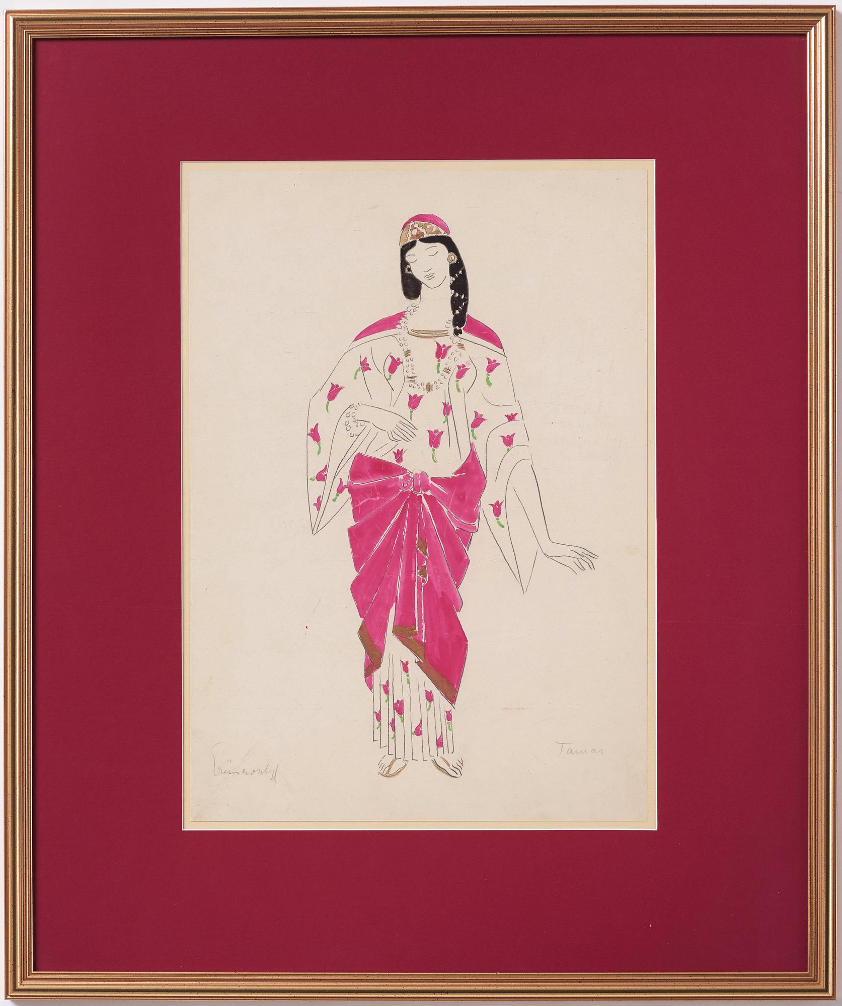 Isaac Grünewald, Costume sketch - woman in a dress with rose pattern.