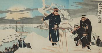 Kobayashi Kiyochika, färgträsnitt,  triptyk, Japan, sent 1800-tal.