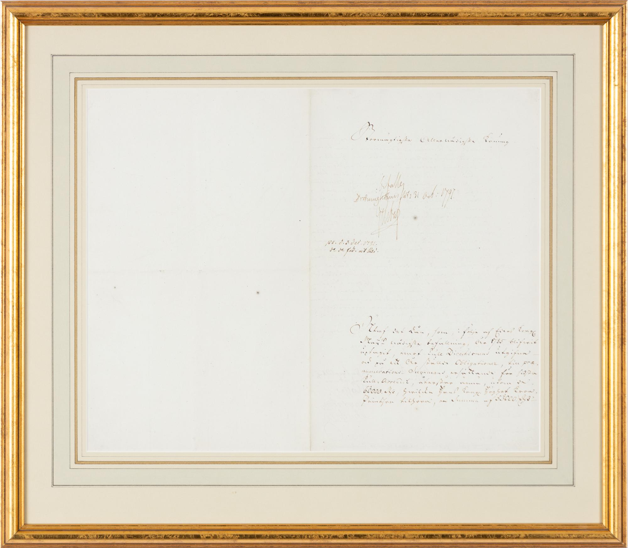 Autograf, Kung Gustav III, Drottningholms slott, 31 oct, 1791. Proveniens: Prof. Torsten Eklund.