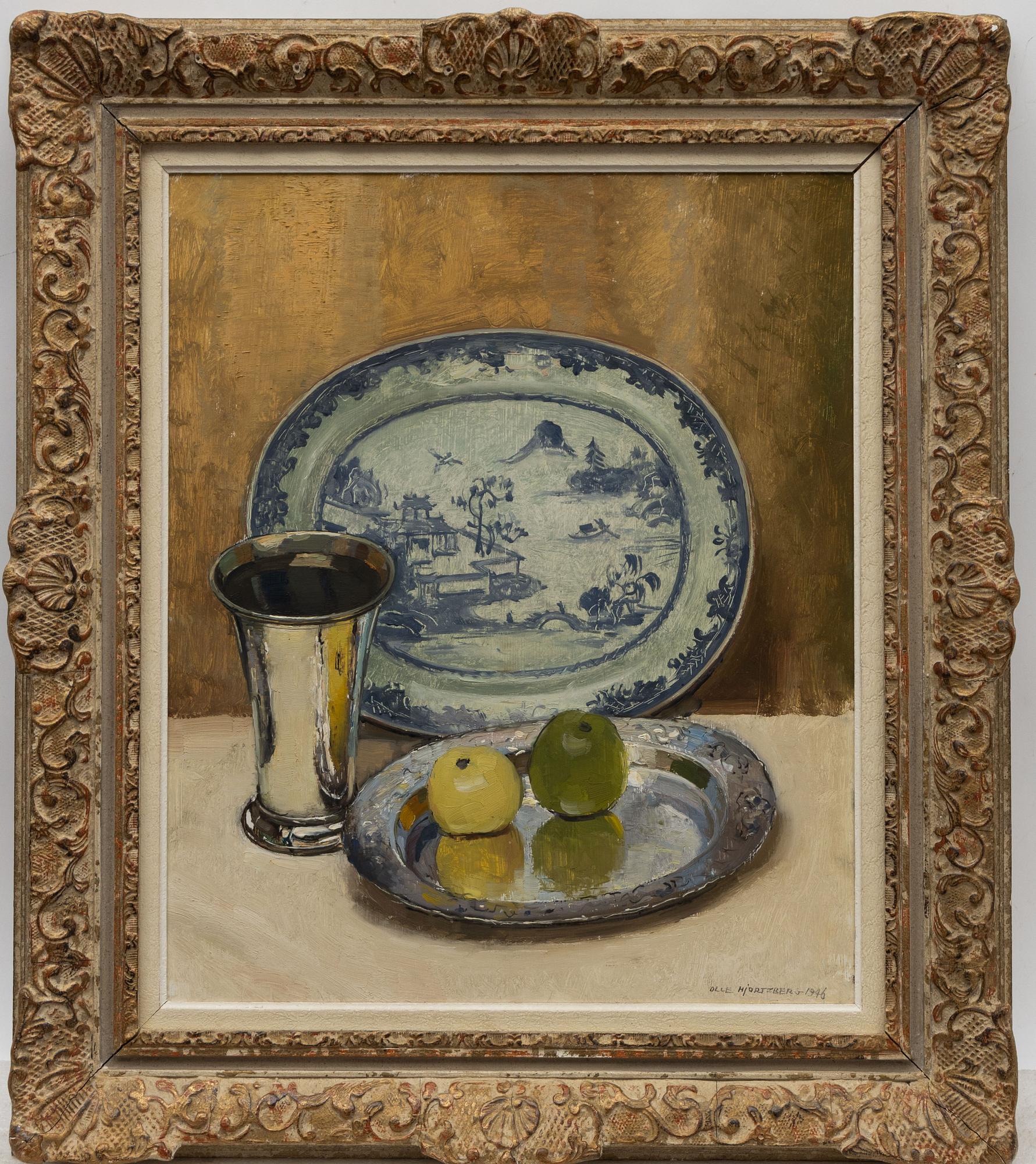Olle Hjortzberg, Still Life with Apples, Oriental Plate and Silver Pieces.