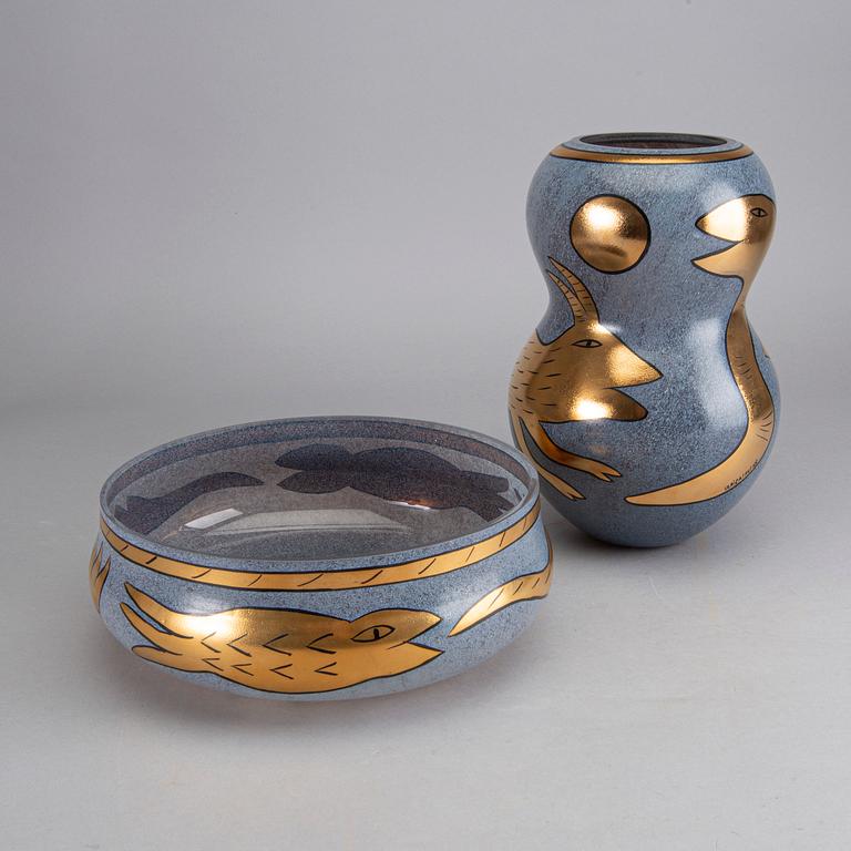 AN ULRICA HYDMAN-VALLIEN VASE AND BOWL, glass, signed Kosta Boda artist collection.