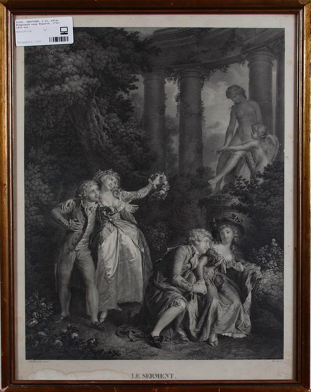 GRAVYRER, 2 st, efter Fragonard resp Hogarth, 1700-1800-tal.