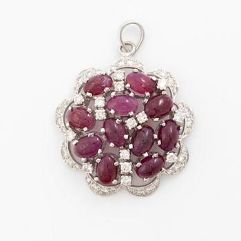 Pendant, 18K white gold with cabochon-cut rubies and brilliant-cut diamonds.
