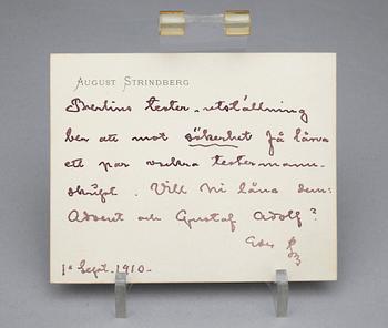 AUGUST STRINDBERG, brevhälsning samt brevkort, egenhändigt författade, 1889 samt 1910.