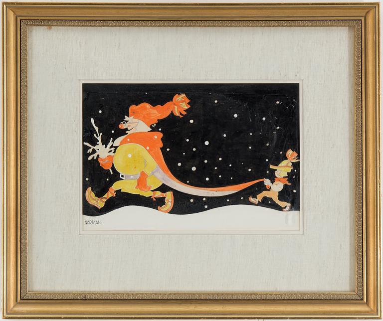 A gouache on paper depicting Santa and a helper by Einar Nerman.