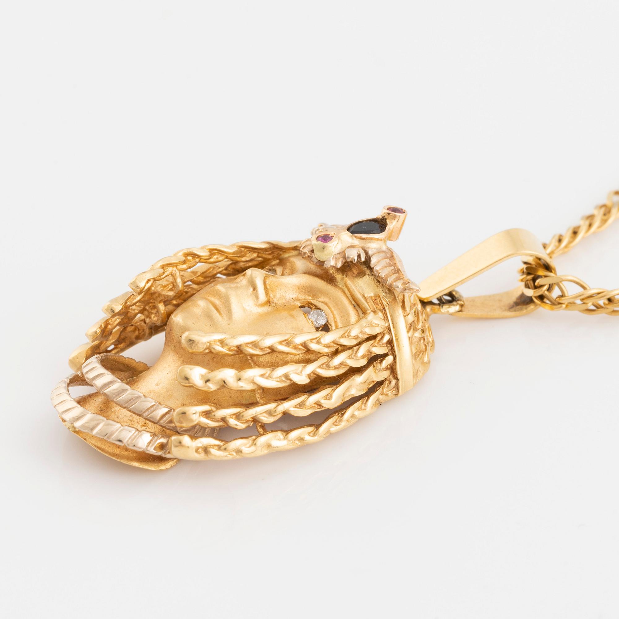 Gold, sapphire, ruby and brilliant cut diamond necklace, egyptian motif.