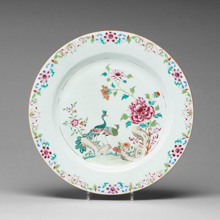 A famille rose 'double peacock' dish, Qing dynasty, Qianlong (1736-95).