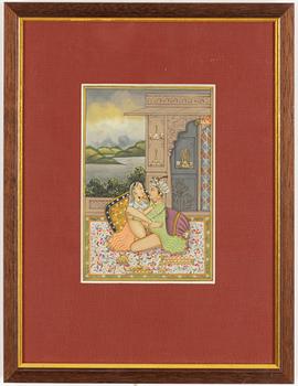 Unidentified artist, Erotic scenes in palace settings, India, 20th century. Four pieces.